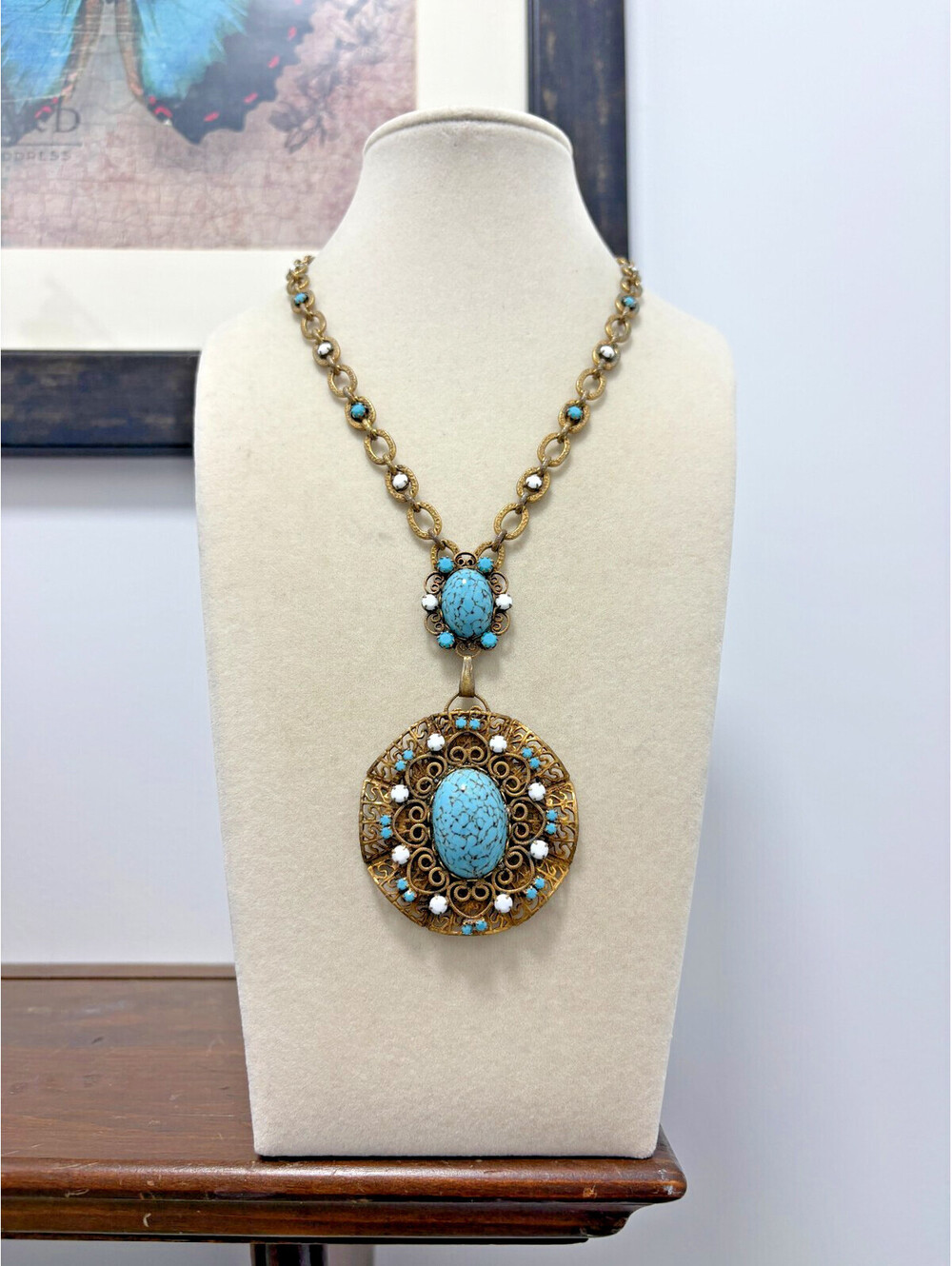 Vtg Gold Tone Glass Turquoise Cabochon Filigree Pendant Necklace W. Germany ?